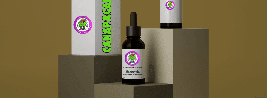 CBD extract bottle with dropper and packaging labeled 'Canapaganda' displayed on geometric platforms.