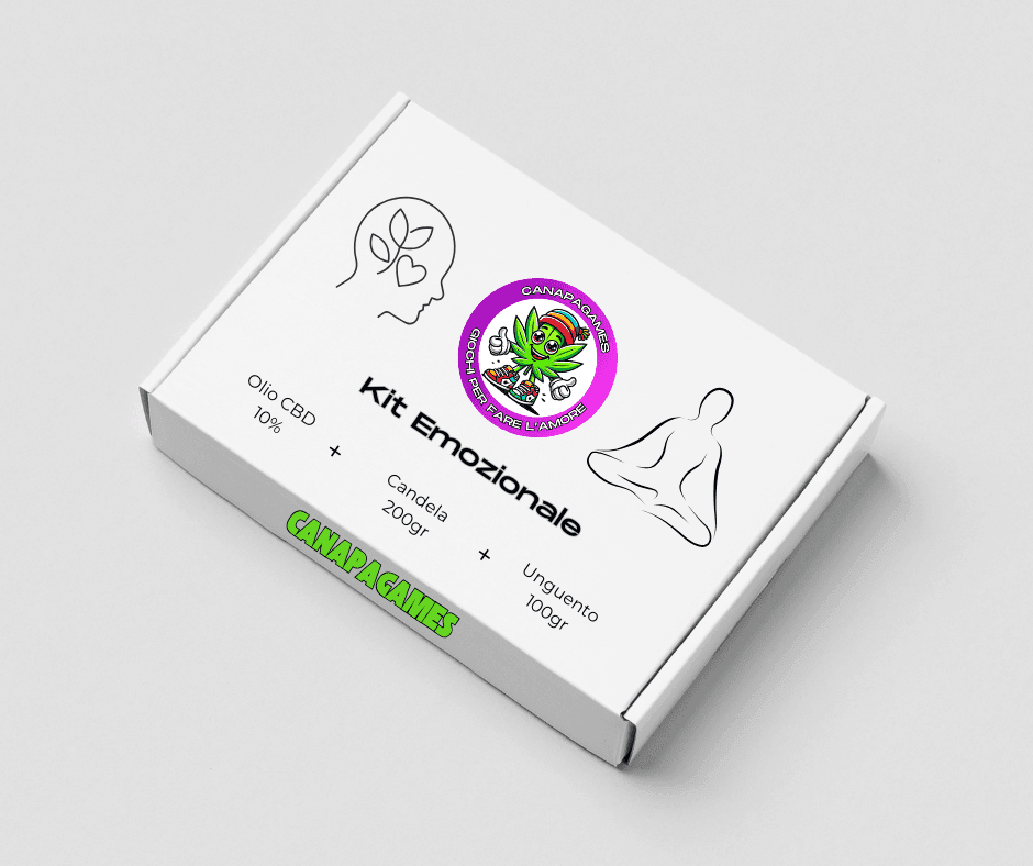 Emotional Kit box with CBD oil, candle, and ointment illustrations.