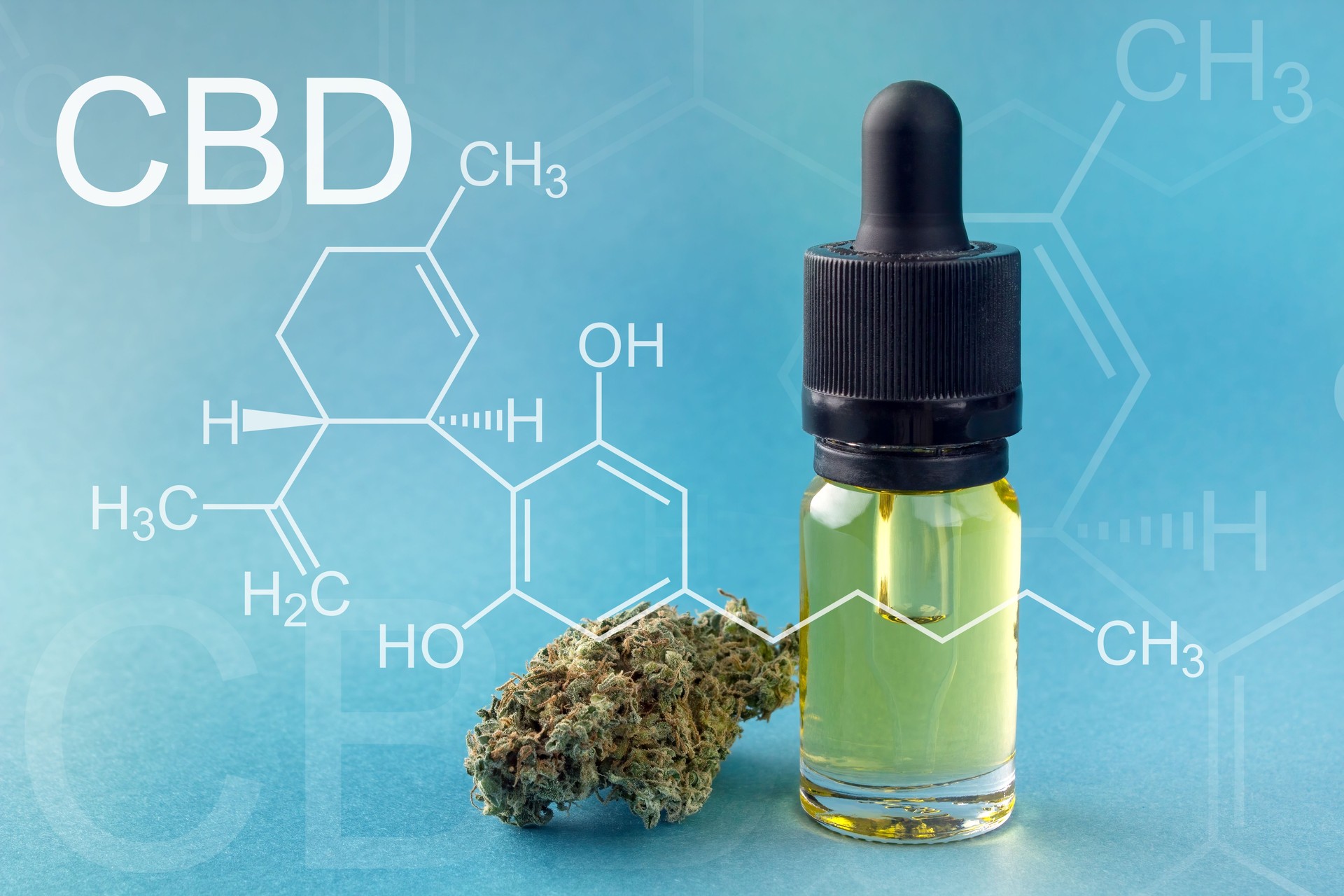 Cbd extract in a glass bottle with a pipette, next to a dry bud of medical marijuana.CBD Chemical Formula, Concept Hemp Oil, Cannabidiol or CBD molecular structural formula. CBD elements in Cannabis